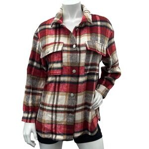 Womens Red Plaid Shacket/Jacket Lapel Coat Button Down Long Sleeve Shacket M